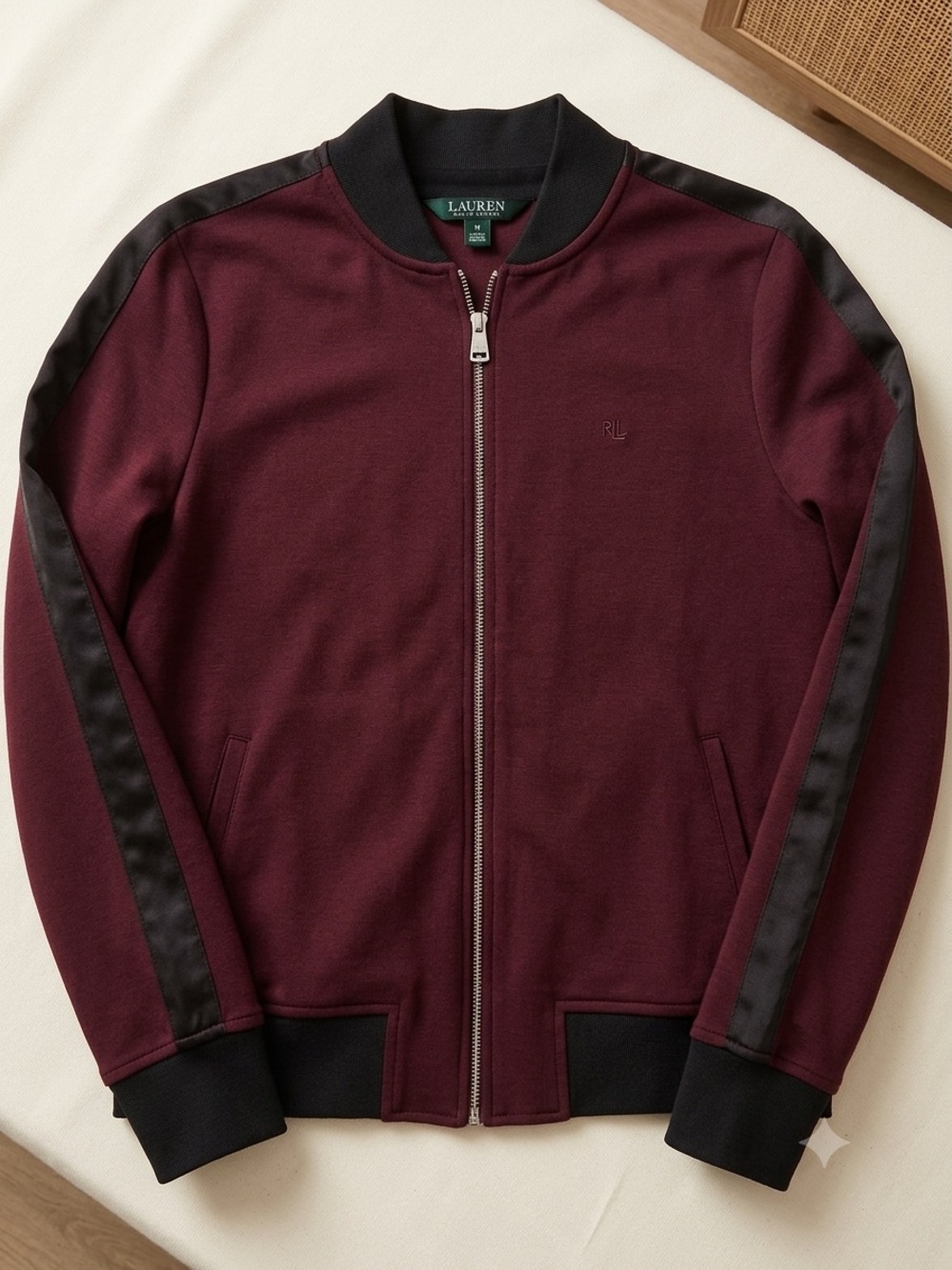 Ralph Lauren Women's Burgundy Bomber Jacket with Black Accents
